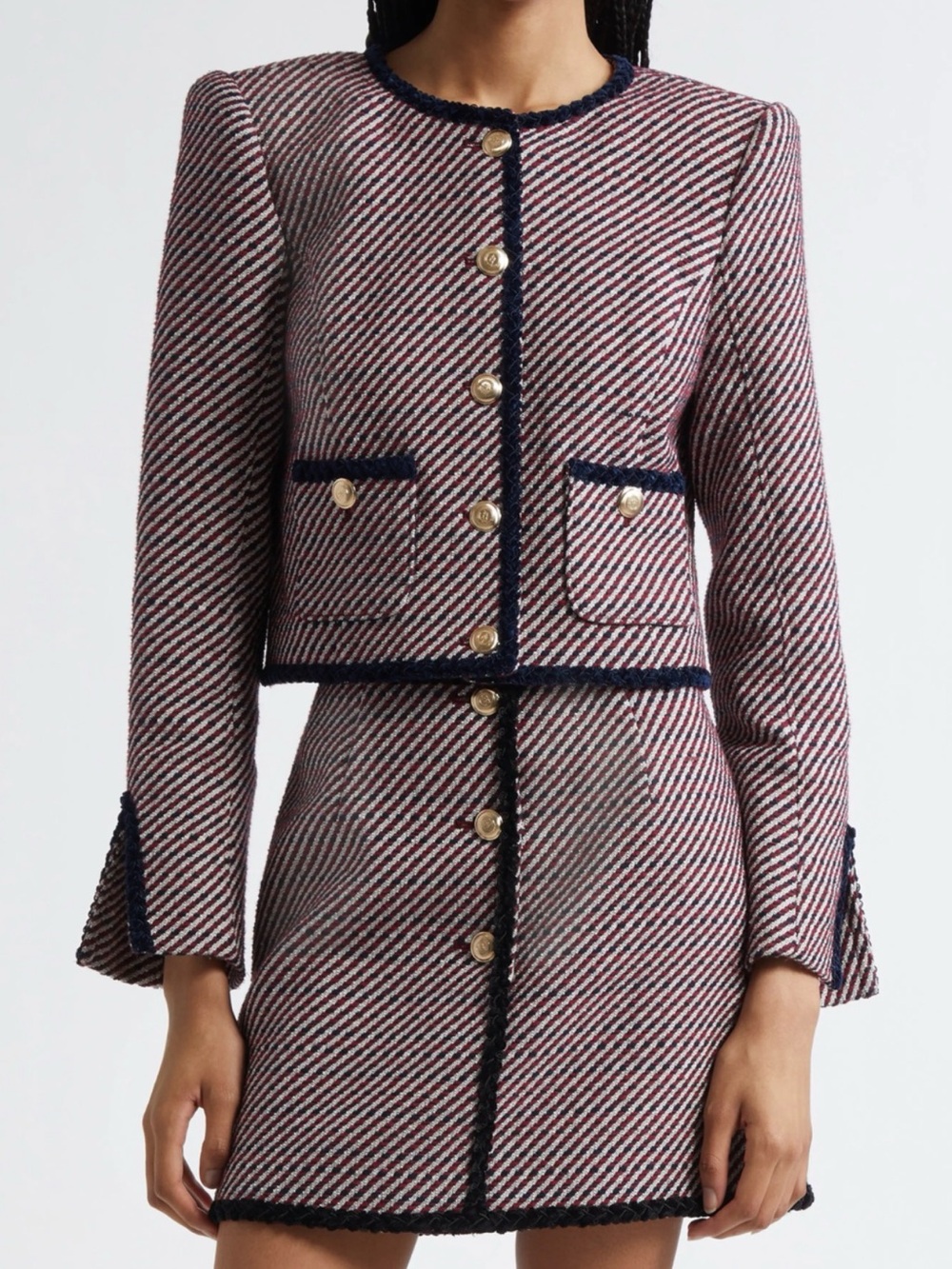 Cinq A Sept Noemie Zanda Boucle Randi Navy-Trim Pink Tweed Cropped Jacket Blazer